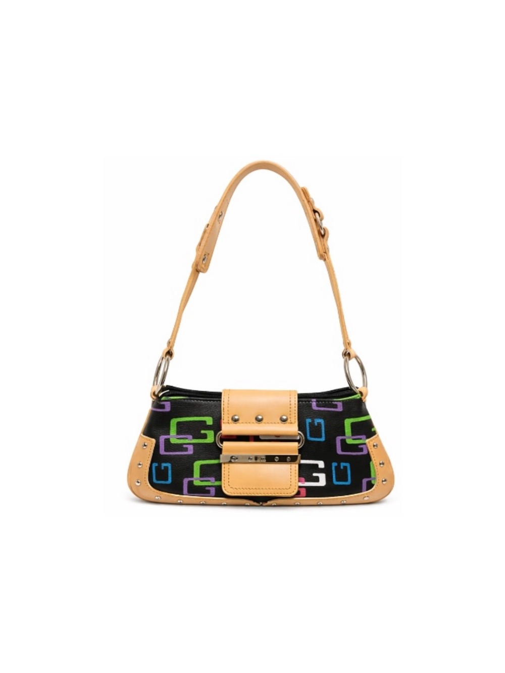 Guess Black Multicolor Logo Shoulder Bag with Tan Trim